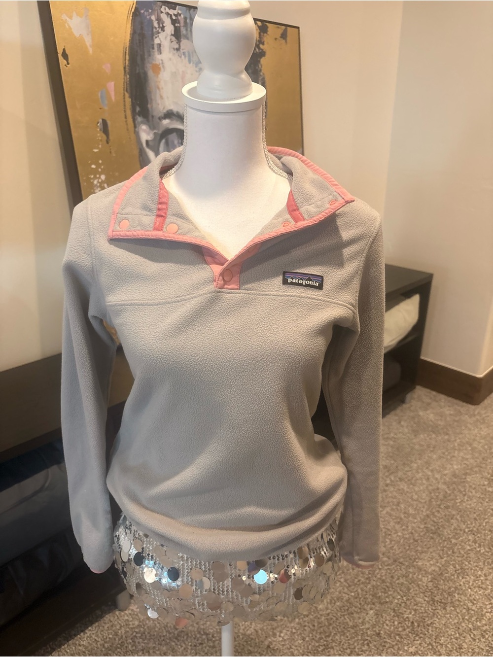 Patagonia Gray Fleece Pullover with Pink Trim